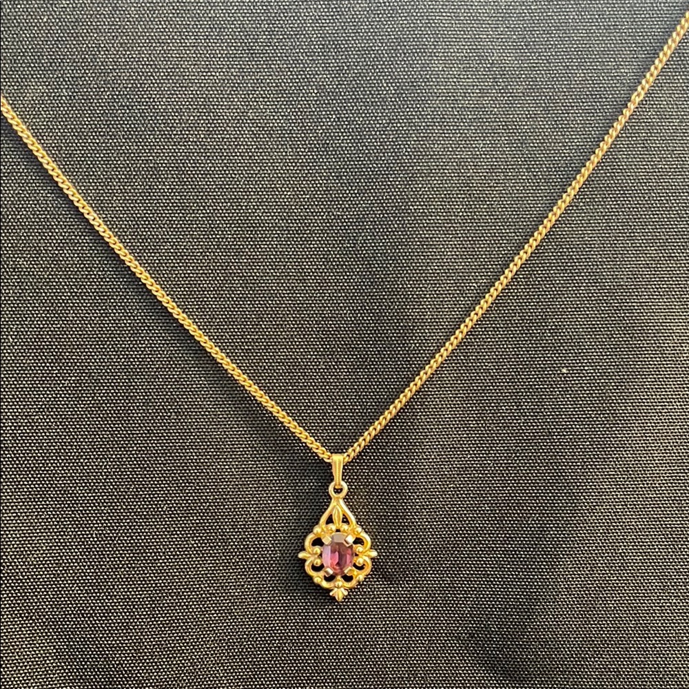 Vintage Avon Gold Filigree Pendant Necklace with Amethyst Colored Stone-Sizeable